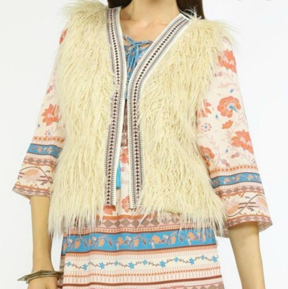 Flying Tomato ivory shag embroidered vest faux fur